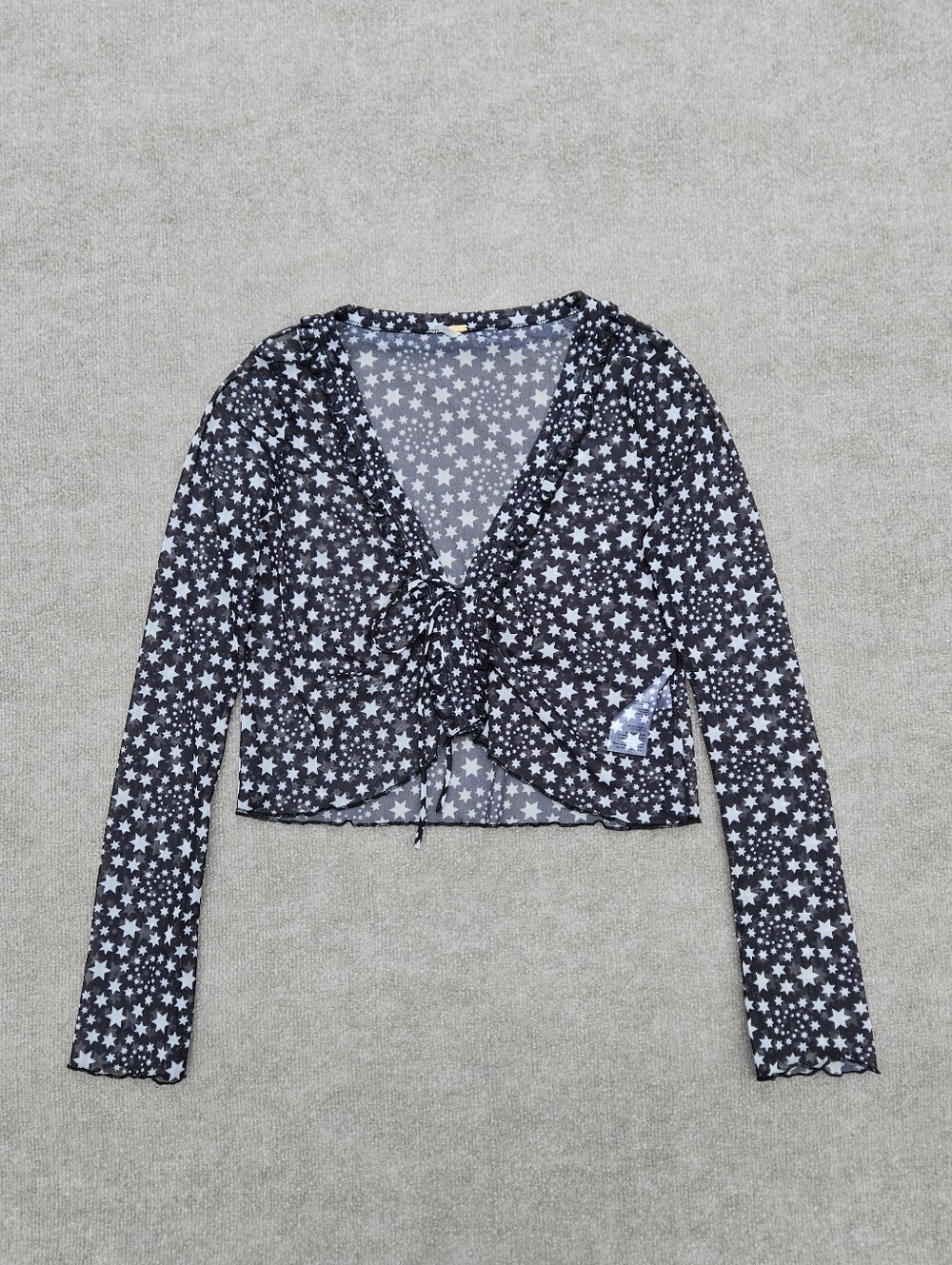 Free People Black Sheer Star Pattern Long Bell Sleeve Tie Front Festival Top